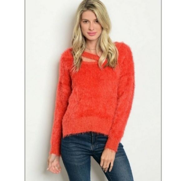 LAST ONE  Fuzzy Pullover Sweater with Strappy Neck - Picture 6 of 6